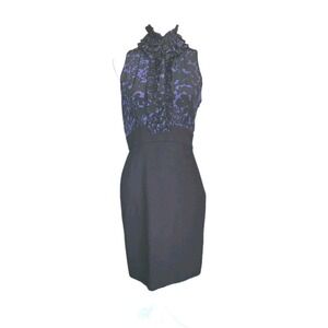 Taylor Dress Womens 6 Purple Black Silk Bodice Ruffle Neck Sheath Cocktail Party
